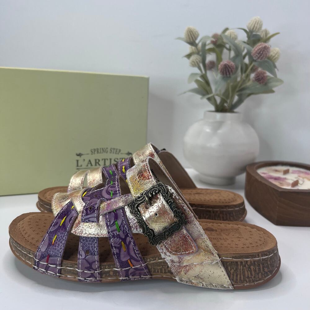 L'Artiste Spring Step Calamity Jay Leather Sandal Purple Multi Women 39/8.5 NWB